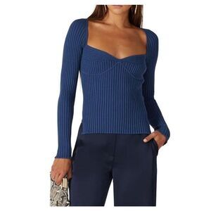 SIMKHAI Top Womens Large Blue Sammy Ribbed Bustier Sweater Sweetheart Neckline